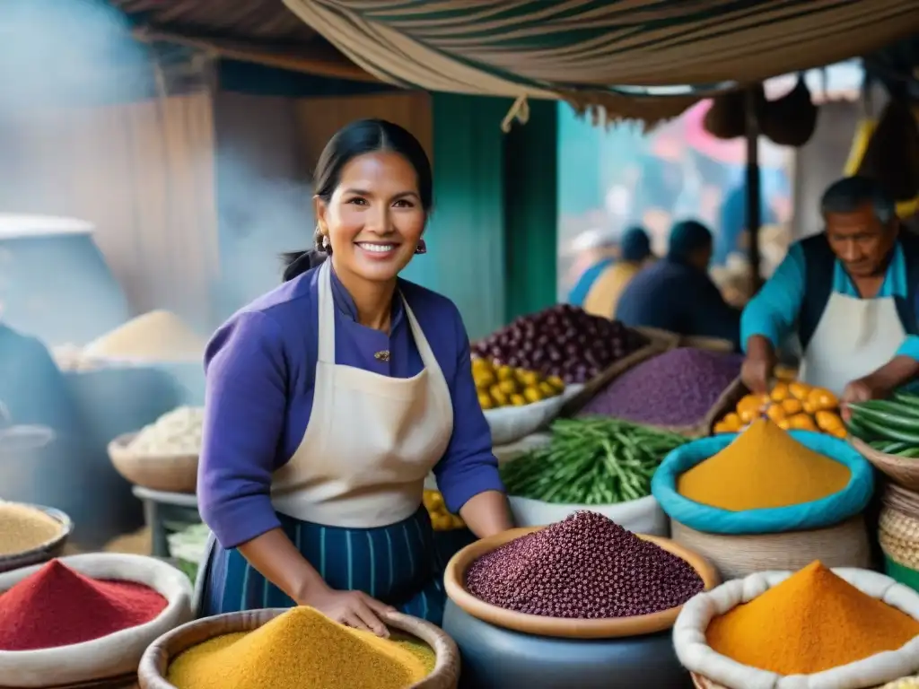 Escena vibrante de un mercado peruano con ingredientes autóctonos y vendedores en atuendos tradicionales