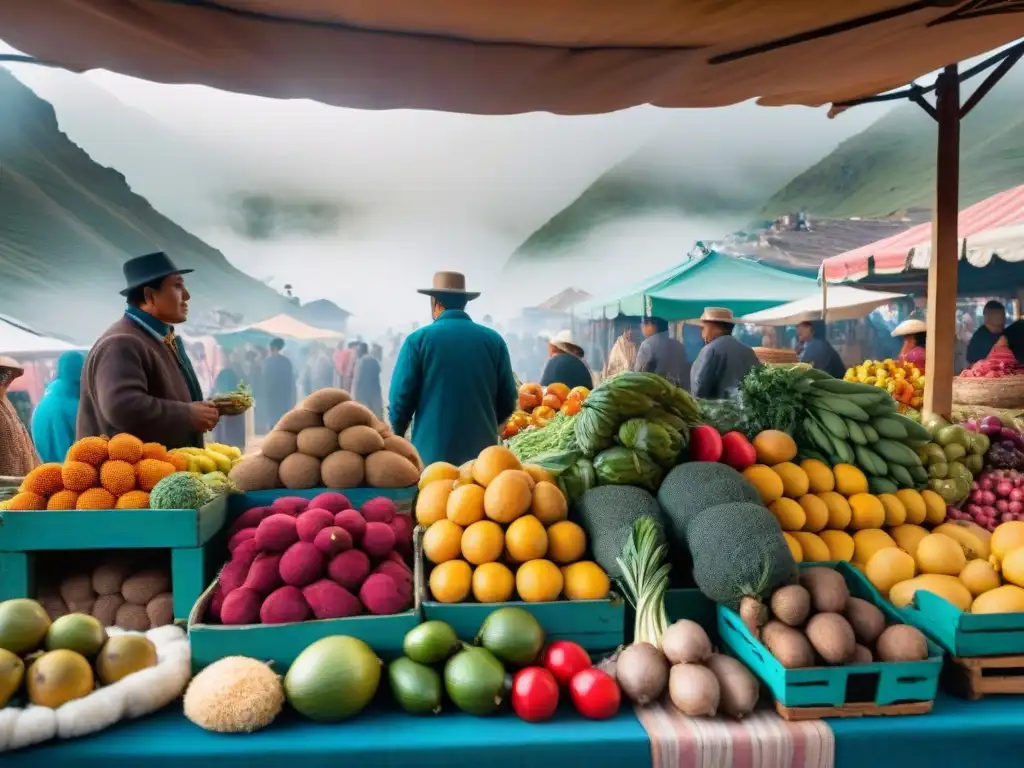 Escena vibrante en un mercado peruano, con ingredientes autóctonos y vendedores locales