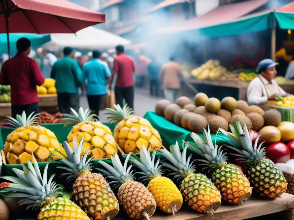 Escena vibrante de mercado peruano con ingredientes para la receta Chicha de Piña