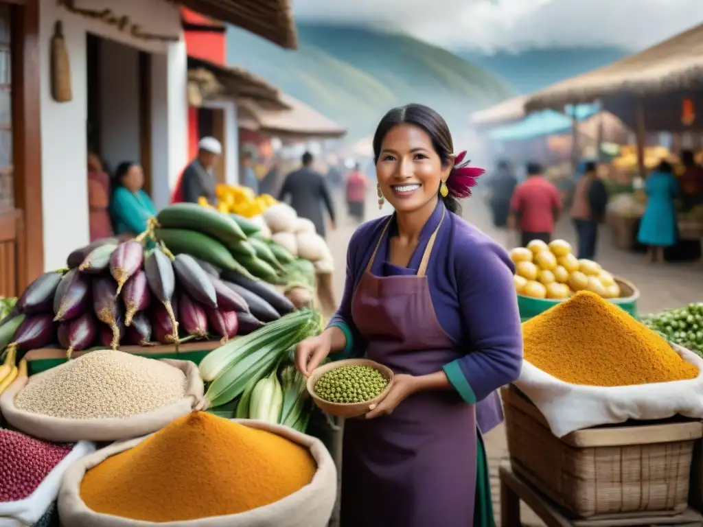 Escena vibrante de mercado peruano con ingredientes locales y vendedores en trajes tradicionales