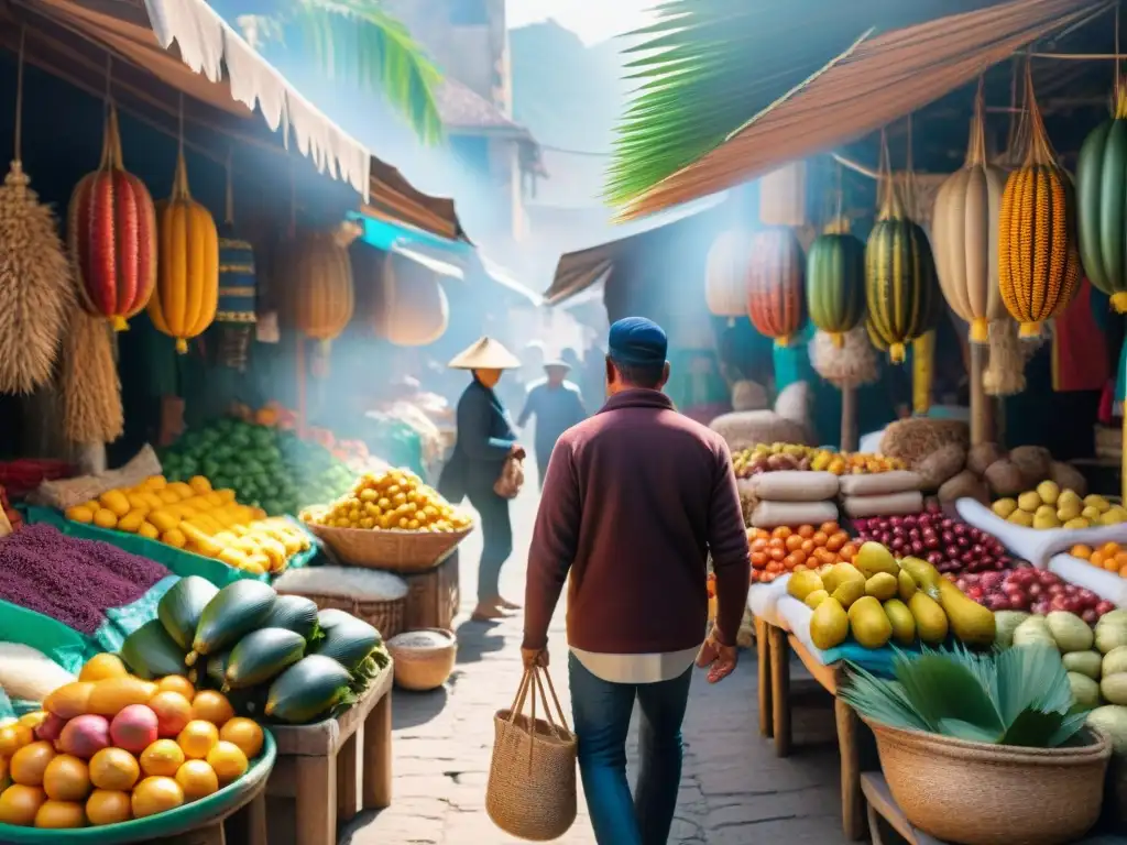 Escena vibrante en un mercado peruano, con puestos coloridos de frutas y artesanías