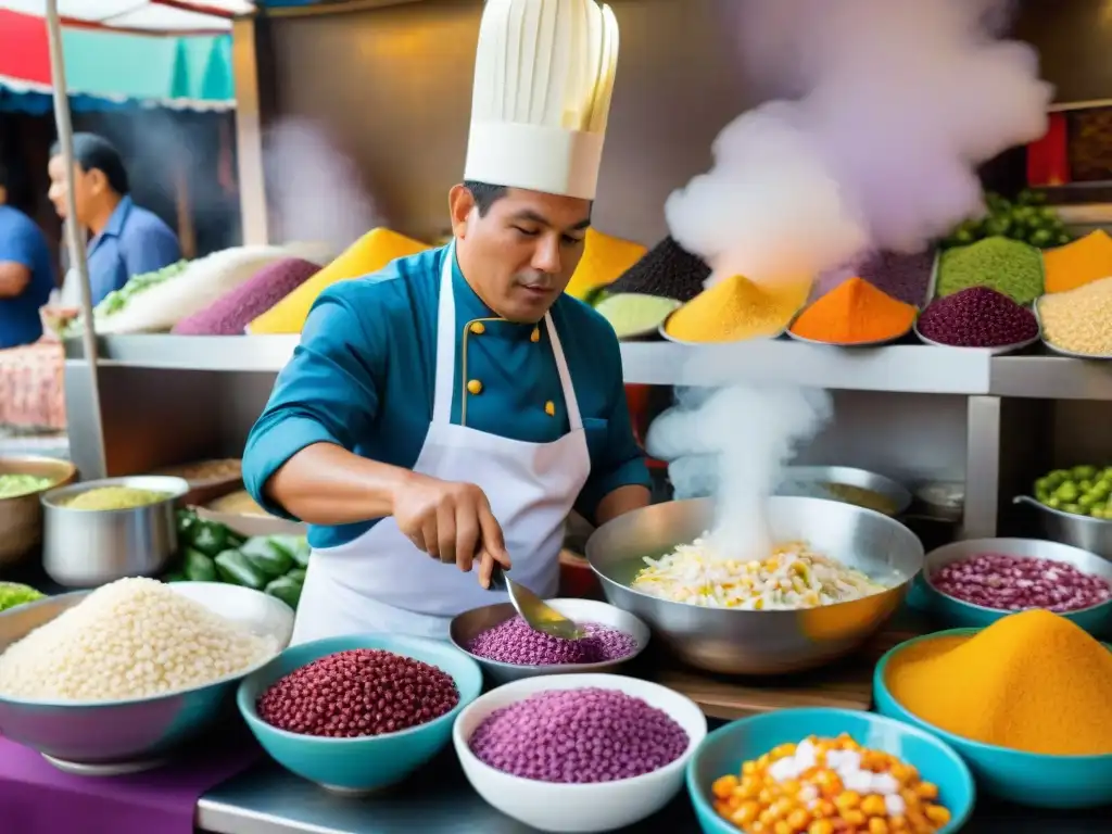 Escena vibrante de un mercado peruano con ingredientes autóctonos y un chef preparando ceviche