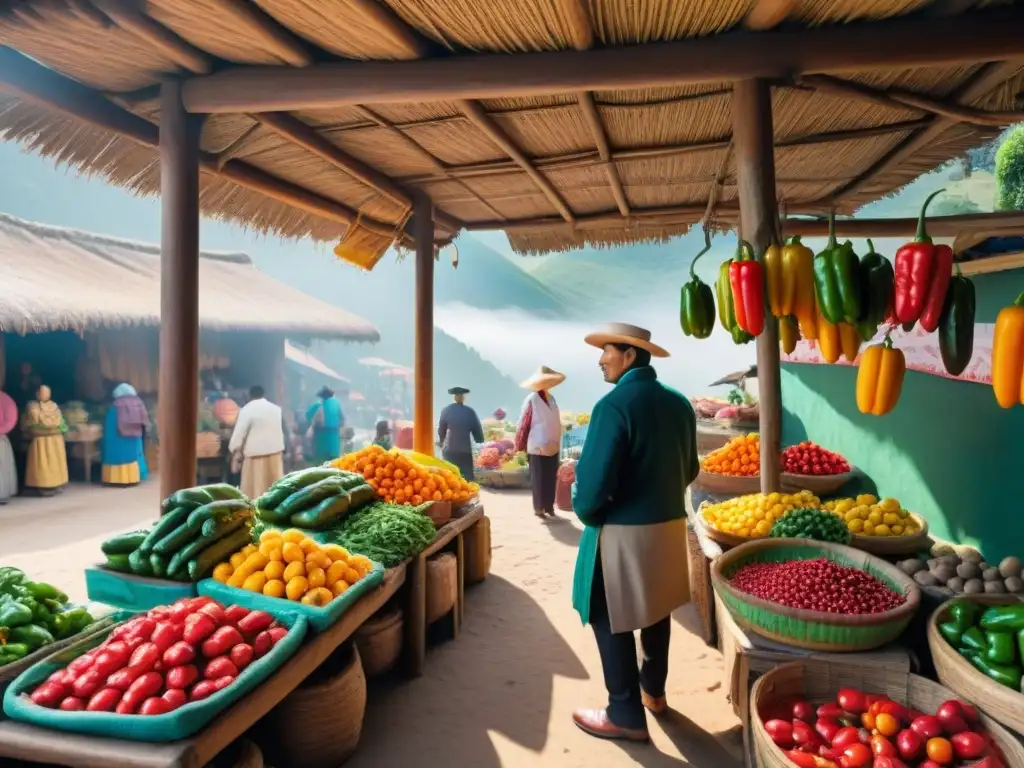 Una escena vibrante de un mercado peruano con ingredientes frescos en una mesa de madera