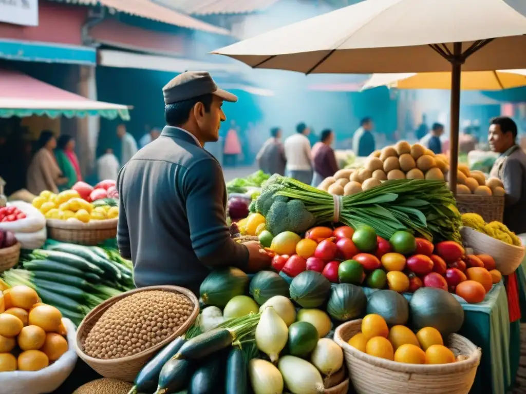 Escena vibrante de mercado peruano con ingredientes frescos en mesas, capturando autenticidad y diversidad