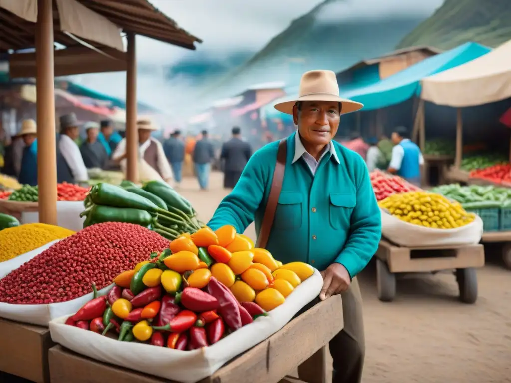 Escena vibrante en mercado peruano con beneficios del ají limo peruano en primer plano