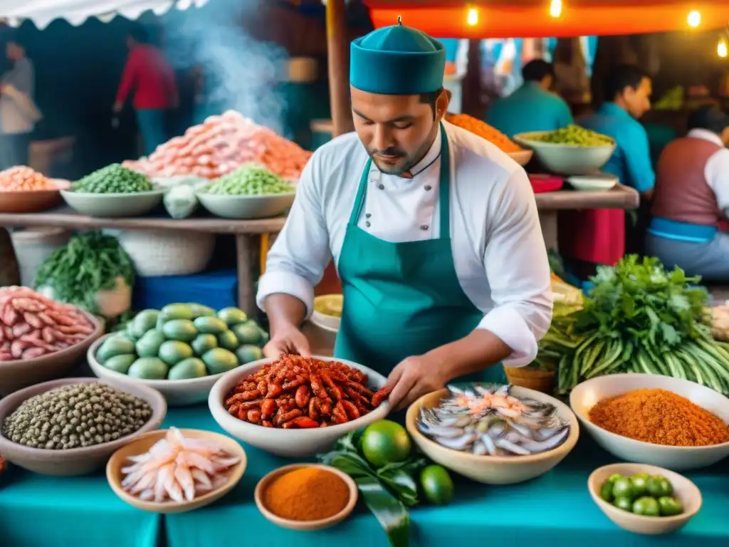 Escena vibrante de un mercado peruano con mariscos frescos y preparación de ceviche