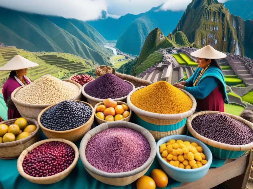 Escena vibrante en mercado peruano con ingredientes autóctonos, colores vivos y montañas andinas