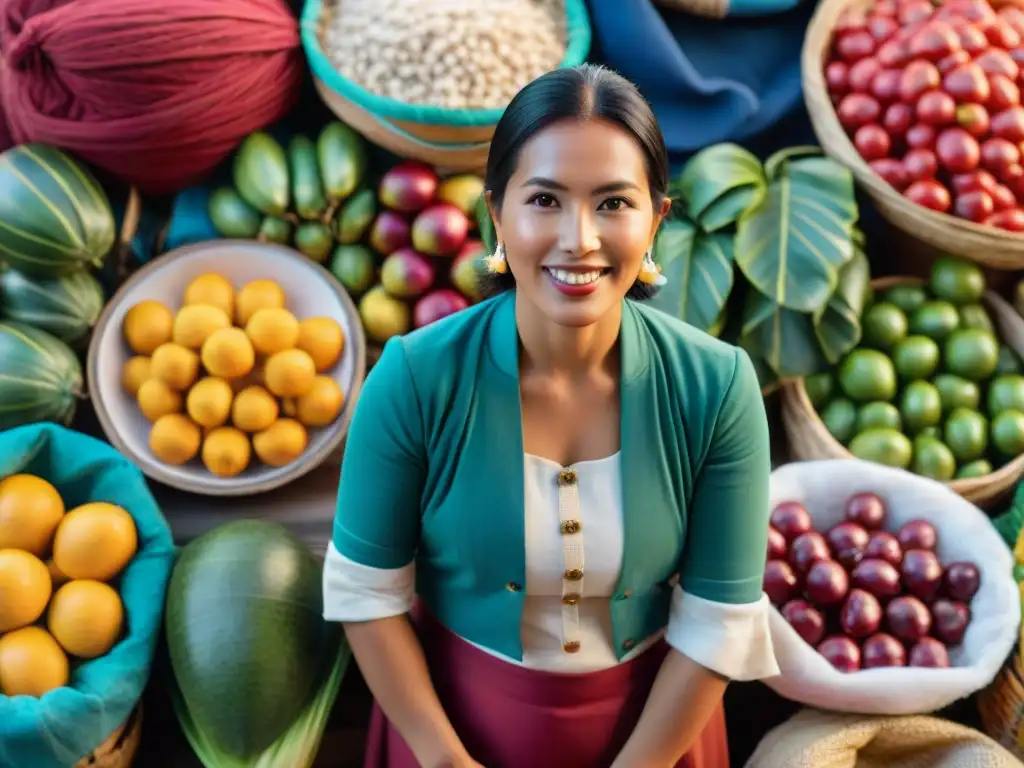 Escena vibrante de mercado peruano con influencia gastronomía peruana cocina global