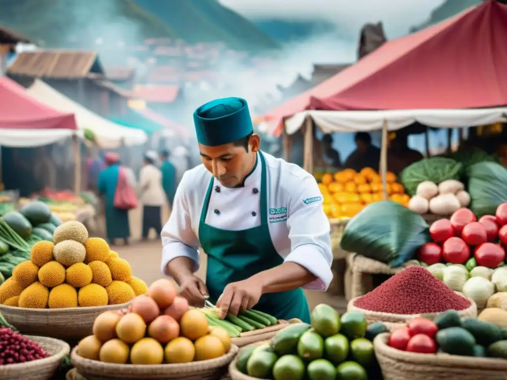 Una escena vibrante de un mercado peruano, resaltando sus colores y sabores únicos