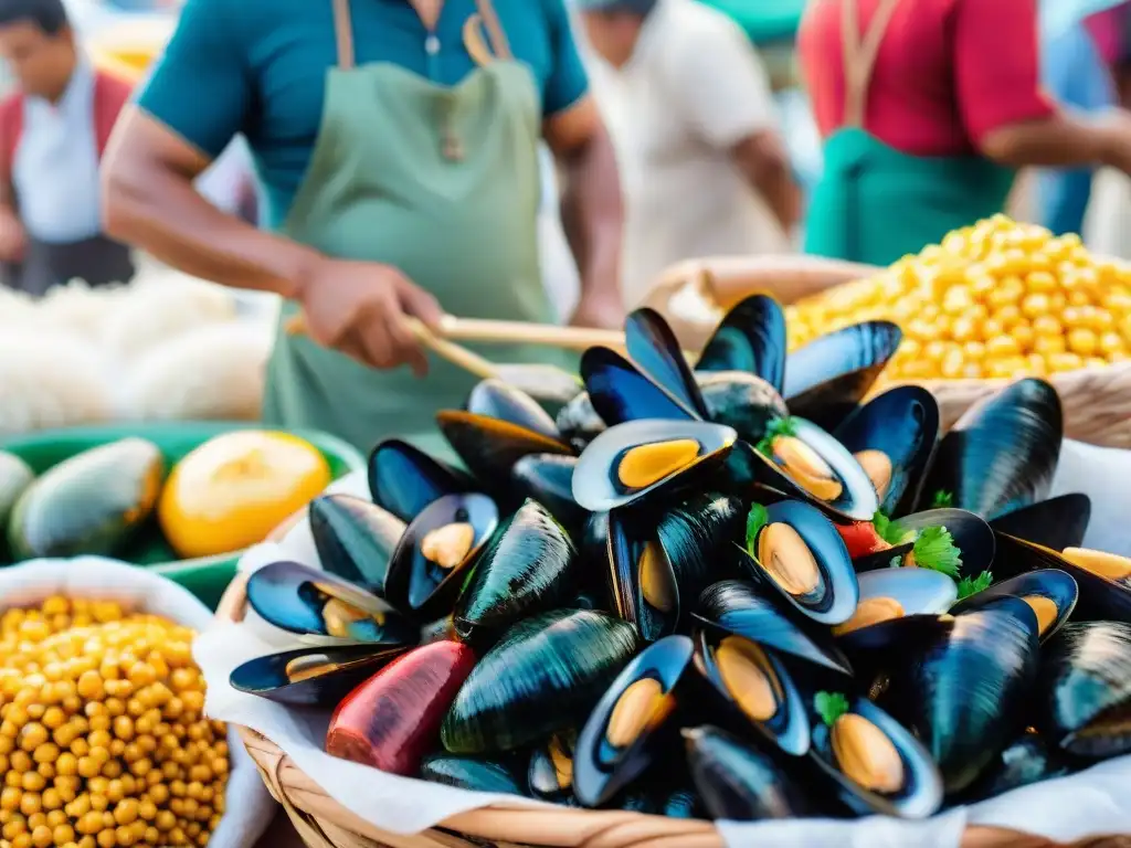 Escena vibrante de mercado peruano con choros a la chalaca y ingredientes frescos