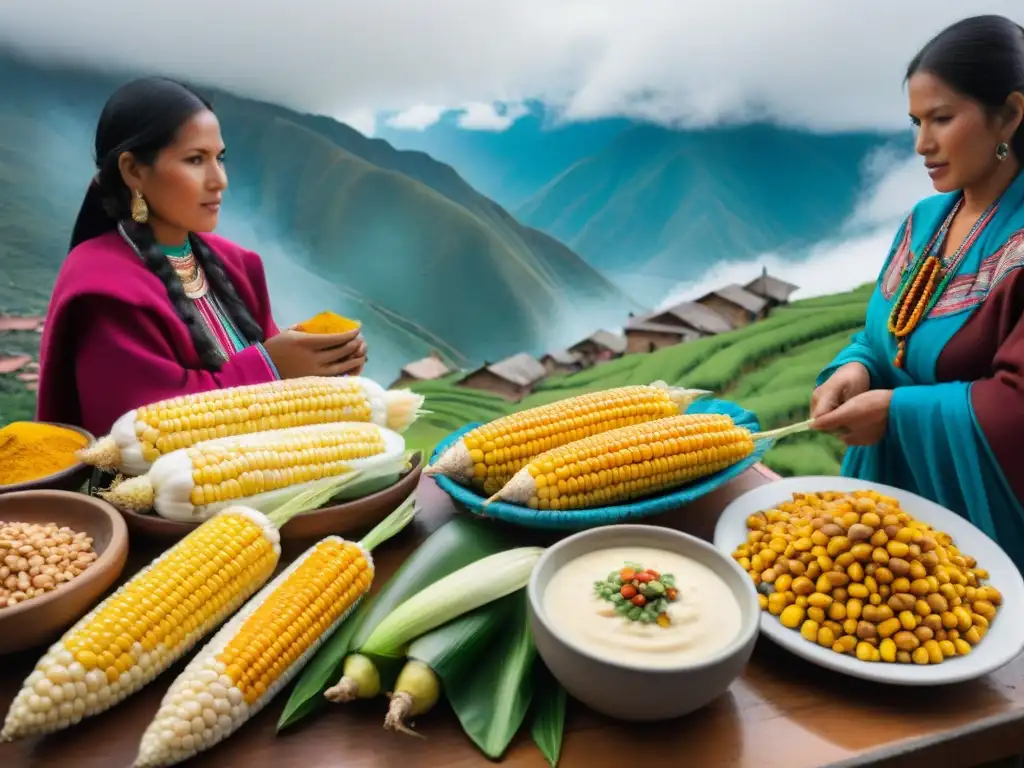 Escena vibrante de mercado peruano con choclos gigantes coloridos y mujeres preparando platillos andinos