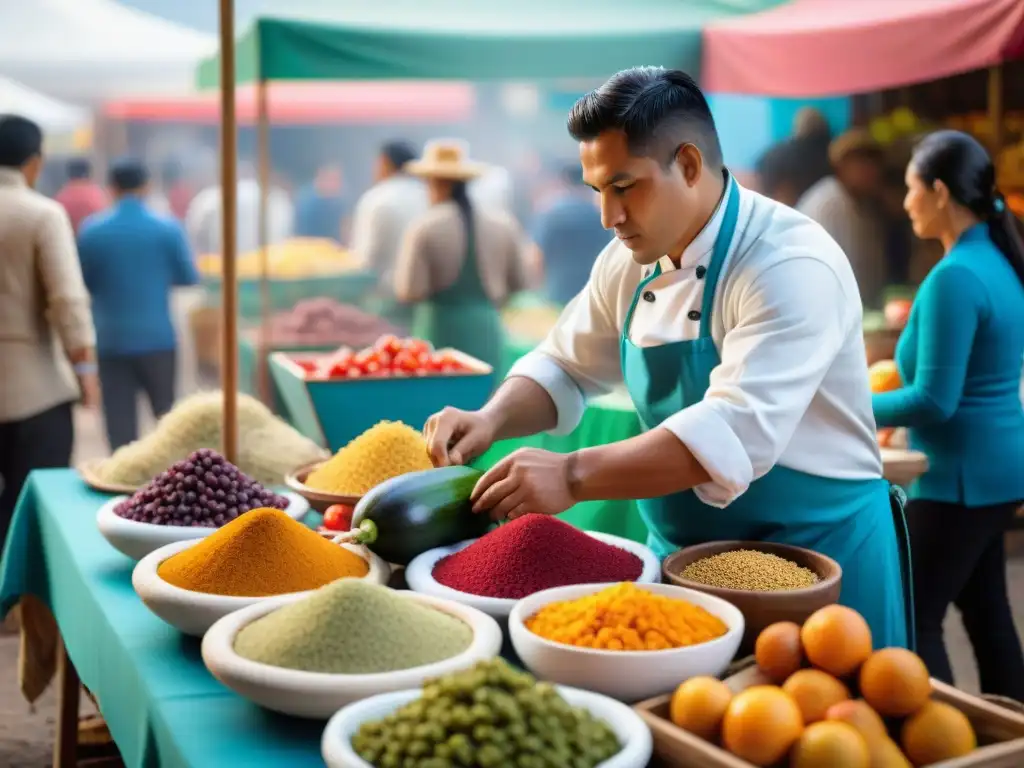 Escena vibrante de un mercado peruano con historia fusión gastronómica peruana y colorida diversidad de alimentos y especias