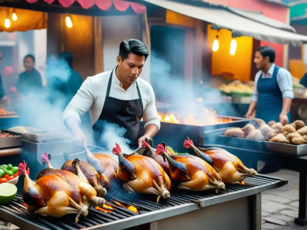 Escena vibrante de mercado peruano: pollo a la brasa, locales y turistas, colores y aromas