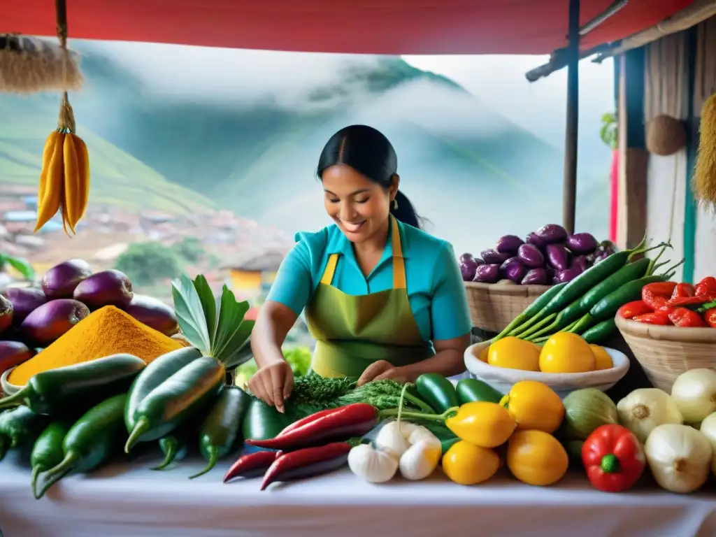 Escena vibrante de mercado peruano con ingredientes autóctonos para el plato festivo relleno peruano