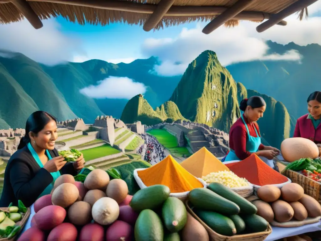 Escena vibrante en mercado peruano con vendedores preparando sanguches tradicionales entre ingredientes autóctonos