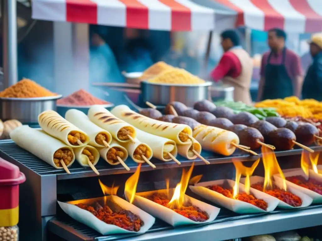 Escena vibrante en un mercado peruano, con vendedores preparando salchipapas mientras clientes esperan en fila