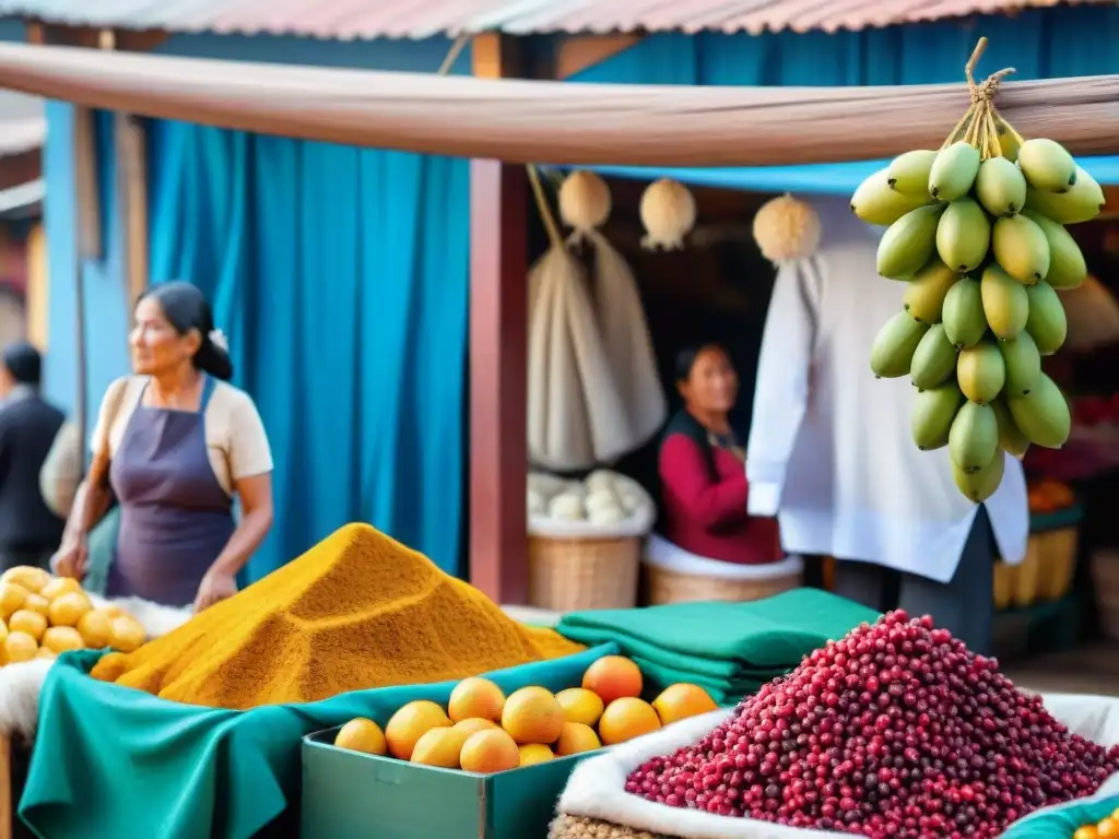 Escena vibrante en un mercado peruano con uchuvas frescas exhibidas en puestos de madera