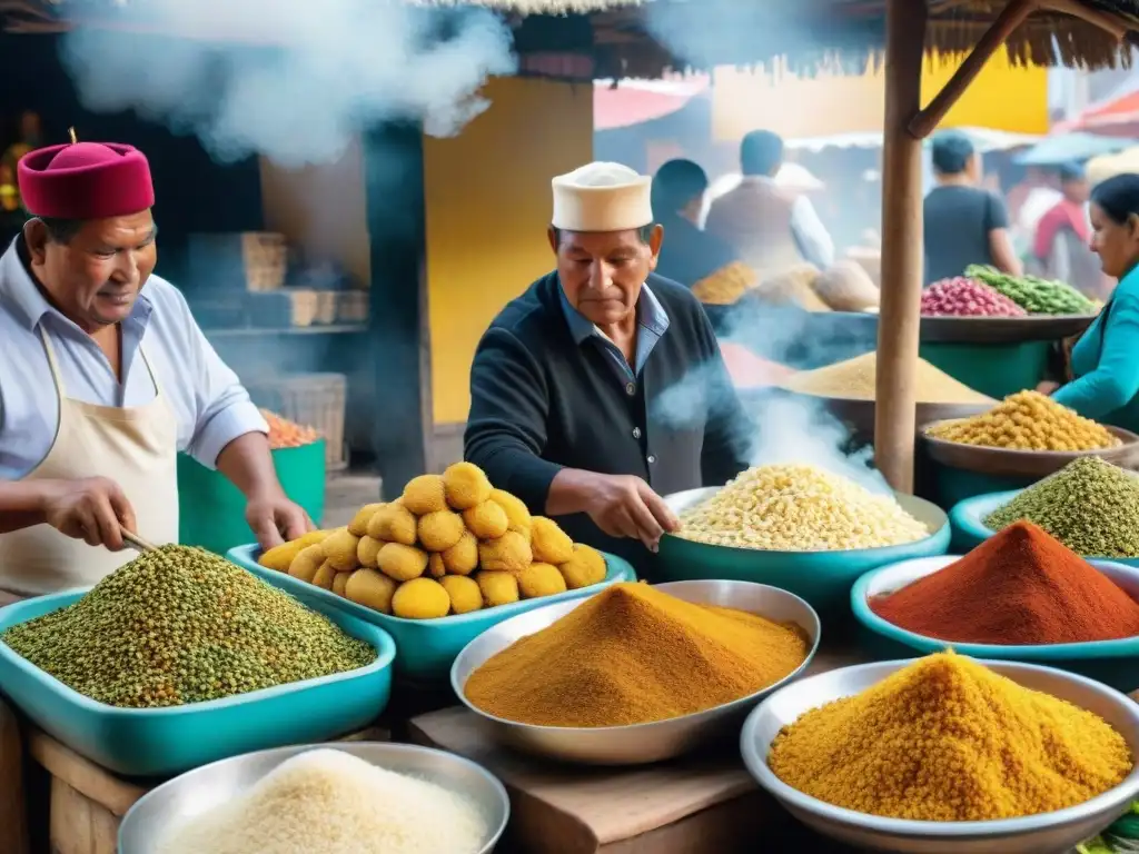 Escena vibrante en mercado peruano con receta yucas fritas peruana, colores y aromas auténticos