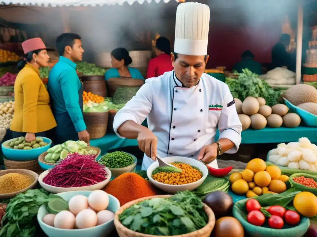 Escena vibrante en mercado peruano, chef prepara ceviche, cautivando con aromas