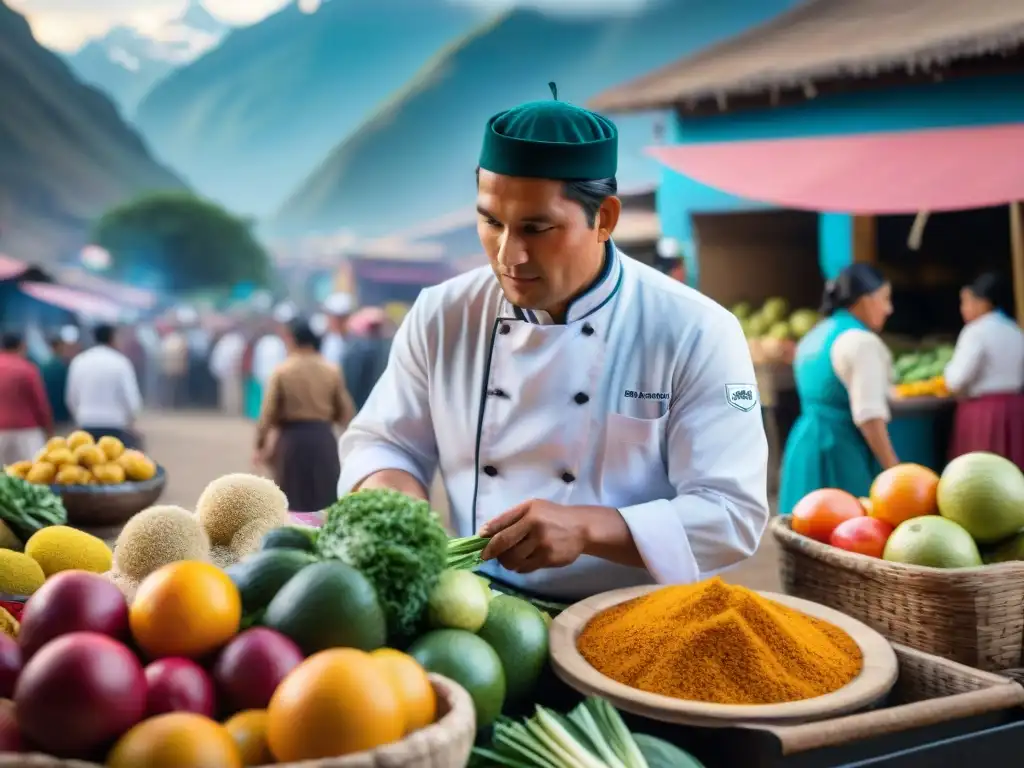 Escena vibrante de mercado peruano con colores frescos y chef preparando plato tradicional, con los Andes al fondo