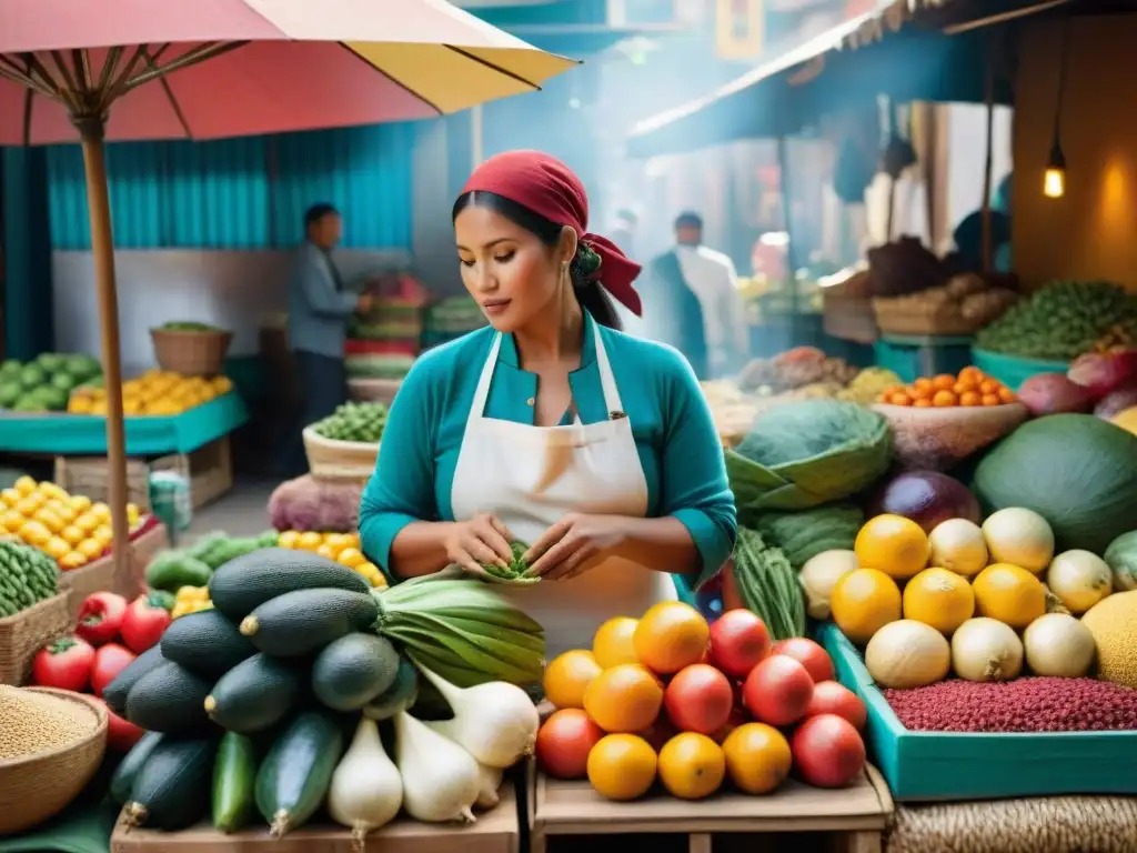 Escena vibrante de un mercado peruano con frutas, verduras y especias