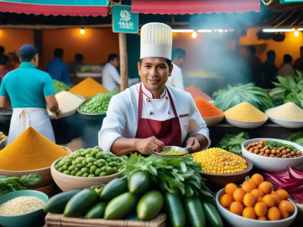 Escena vibrante de mercado peruano con chef preparando ceviche