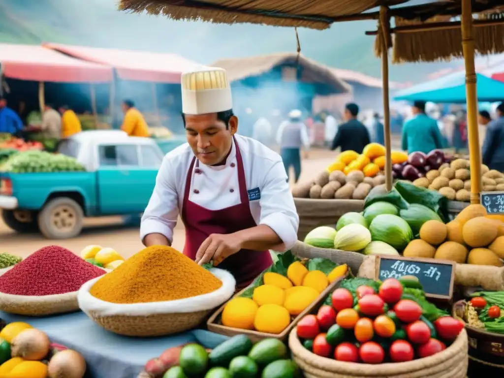 Escena vibrante de un mercado peruano con colores y productos frescos, chefs y vendedores, capturando aventuras culinarias en Perú