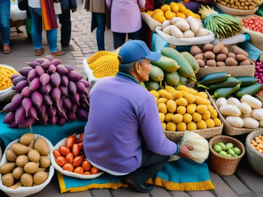 Escena vibrante de mercado peruano con productos frescos y textiles tradicionales