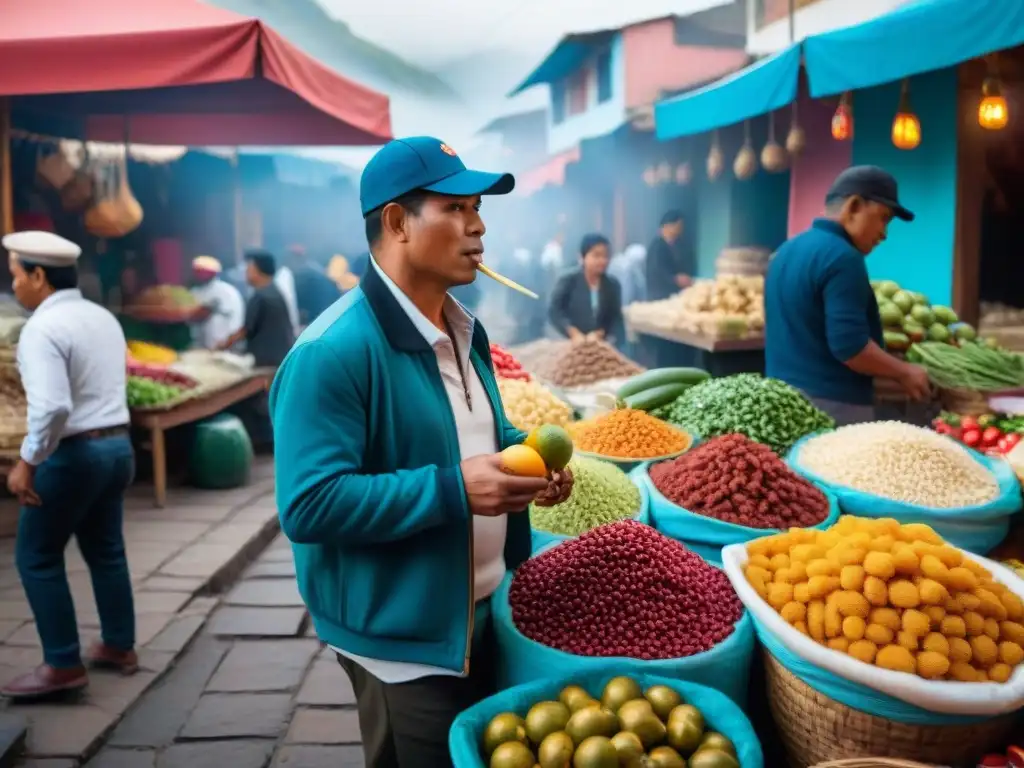 Escena vibrante de mercado peruano con frutas exóticas, ceviche, lomo saltado y música tradicional