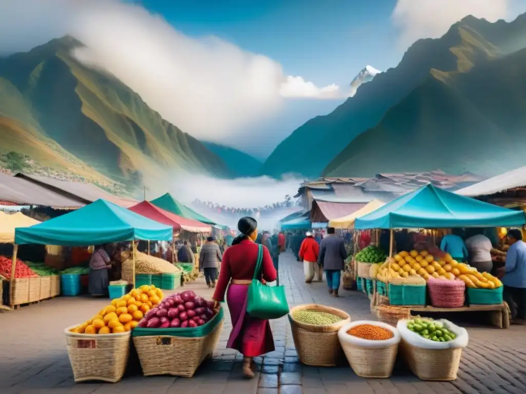 Escena vibrante de un mercado peruano con coloridas frutas y platos tradicionales