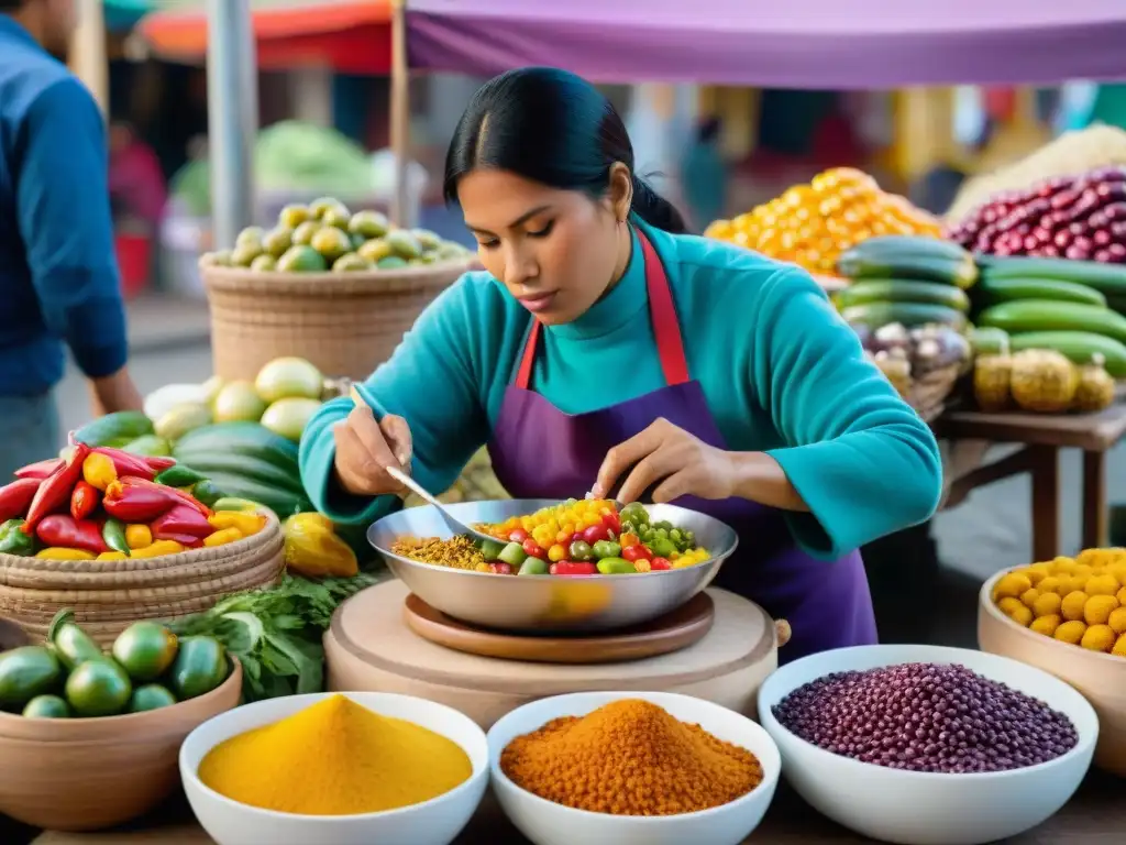 Escena vibrante de mercado peruano con artistas peruanos, comida y arte visual detallado