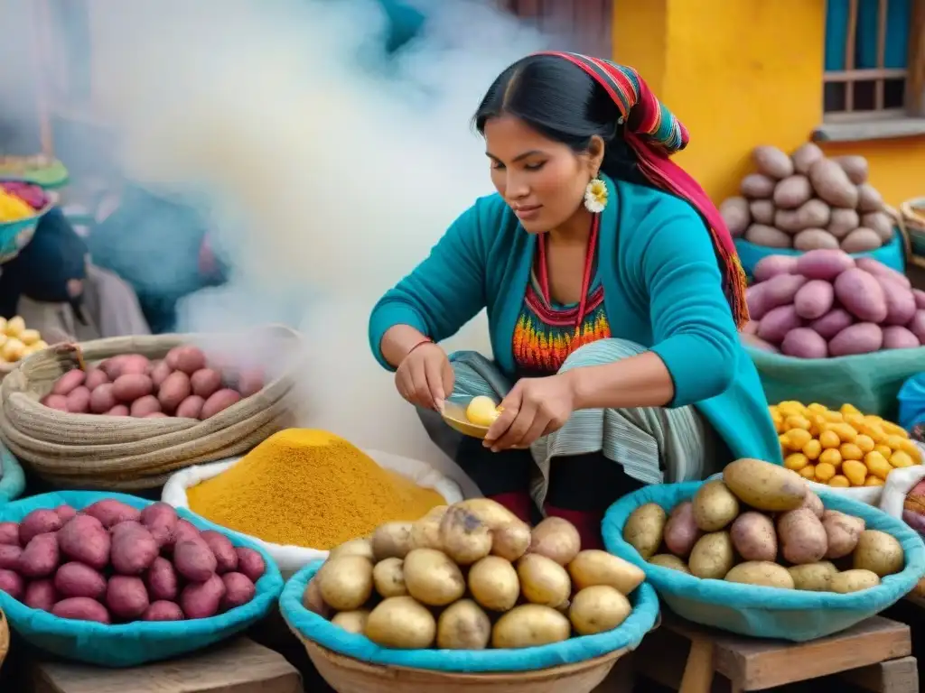 Escena vibrante de mercado peruano con mujer preparando Papa a la Huancaína