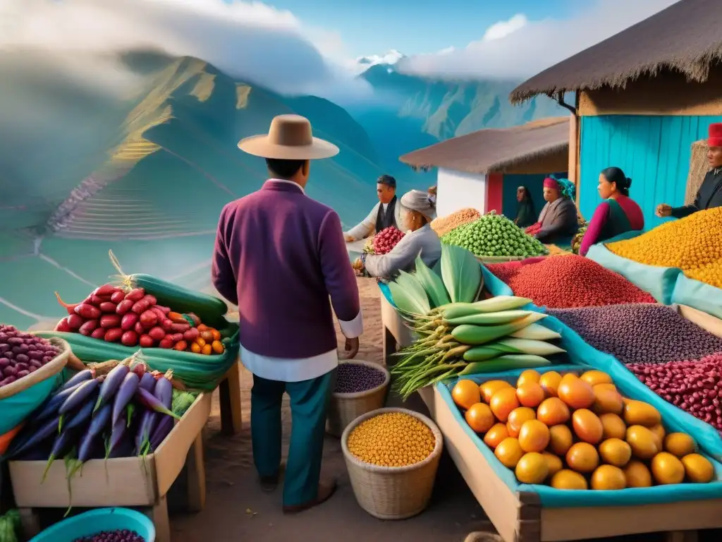 Mercado peruano: colores, conversaciones y determinación Escena vibrante en un mercado peruano con productos frescos y locales