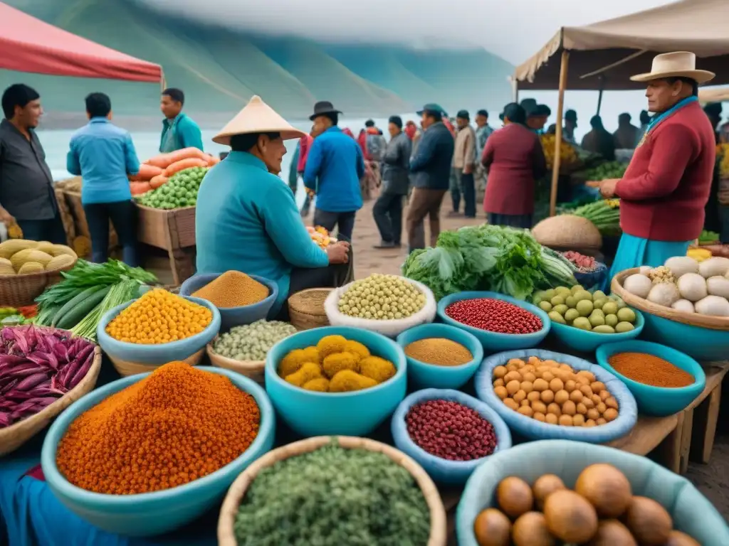 Escena vibrante de un mercado peruano con ceviche y pisco, mostrando colores y cultura local