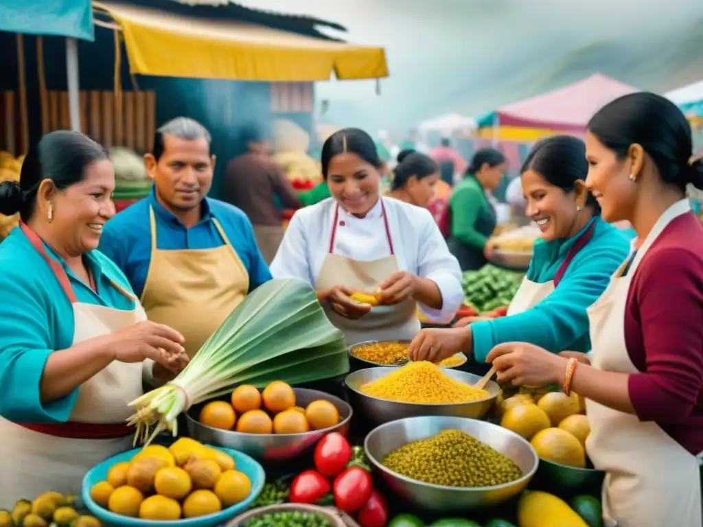 Escena vibrante de un mercado peruano con inclusión social y gastronomía