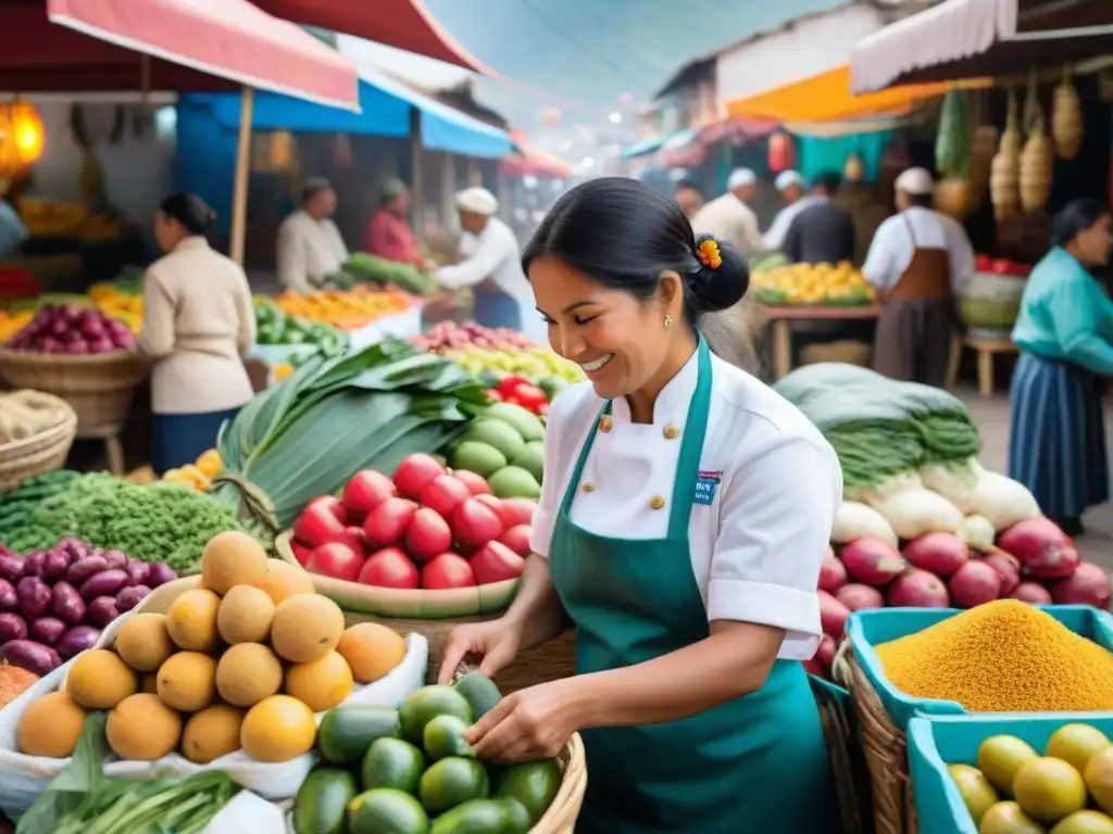 Escena vibrante de mercado peruano con inclusión social en gastronomía peruana