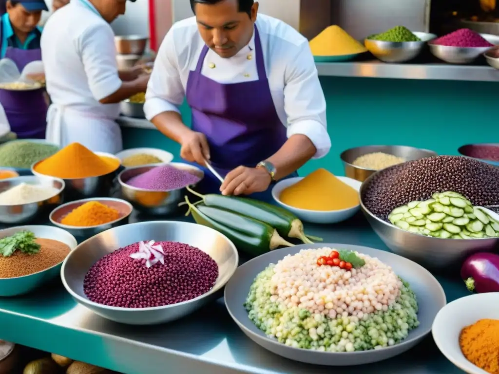 Escena vibrante de mercado peruano con ingredientes autóctonos y chefs observando, reflejando la influencia global en la gastronomía peruana