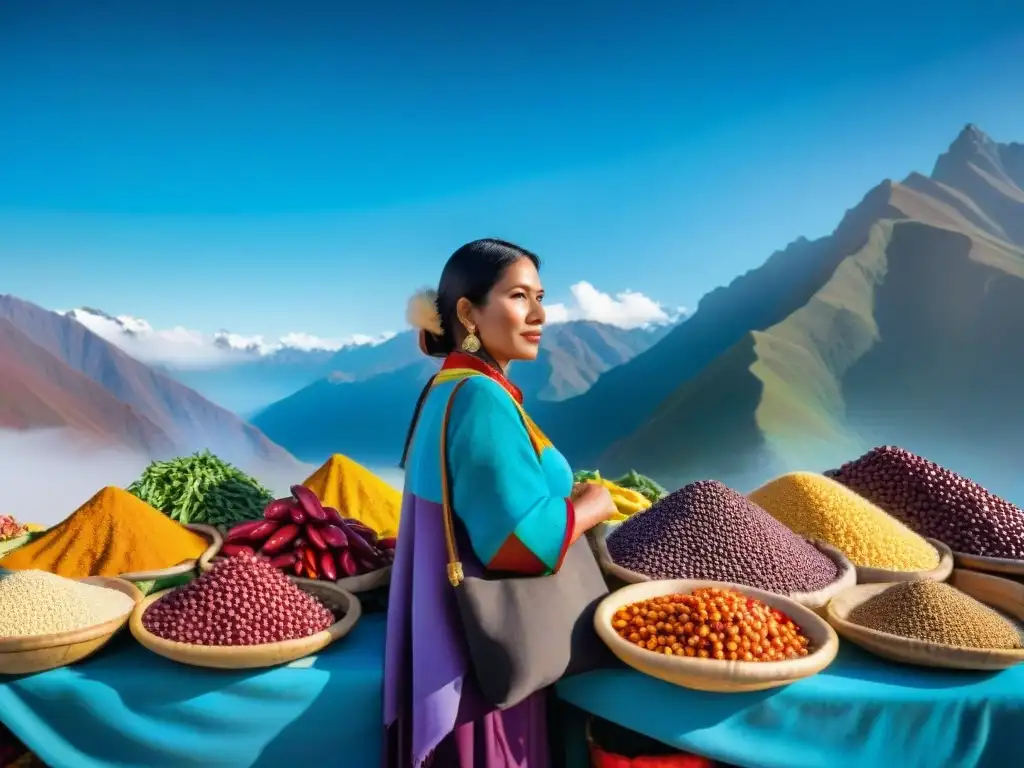 Escena vibrante de mercado peruano con ingredientes autóctonos y vendedores en trajes tradicionales