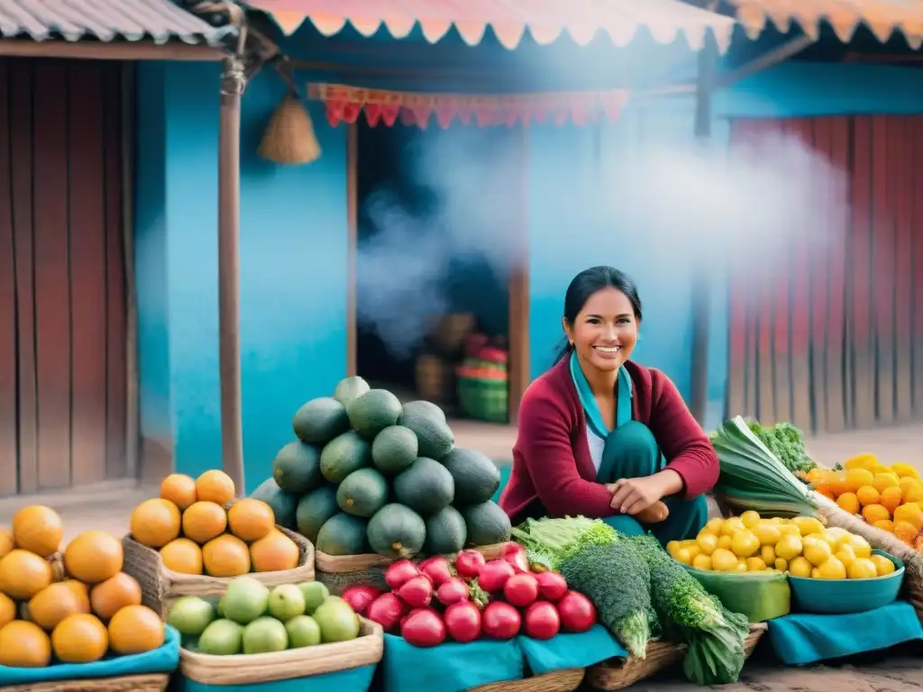 Escena vibrante de mercado peruano con inclusión social gastronomía Perú, vendedores locales y colores de frutas y platos típicos