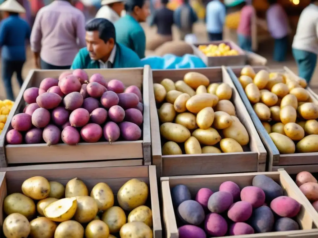 Una escena vibrante en un mercado peruano con variedades coloridas de papas andinas, resaltando su singularidad y Beneficios de la papa andina