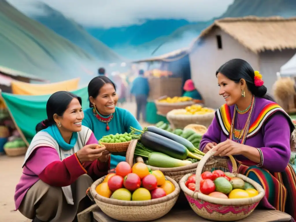 Escena vibrante de mercado peruano con frutas y verduras coloridas en cestas tejidas, mujeres locales preparando platos peruanos