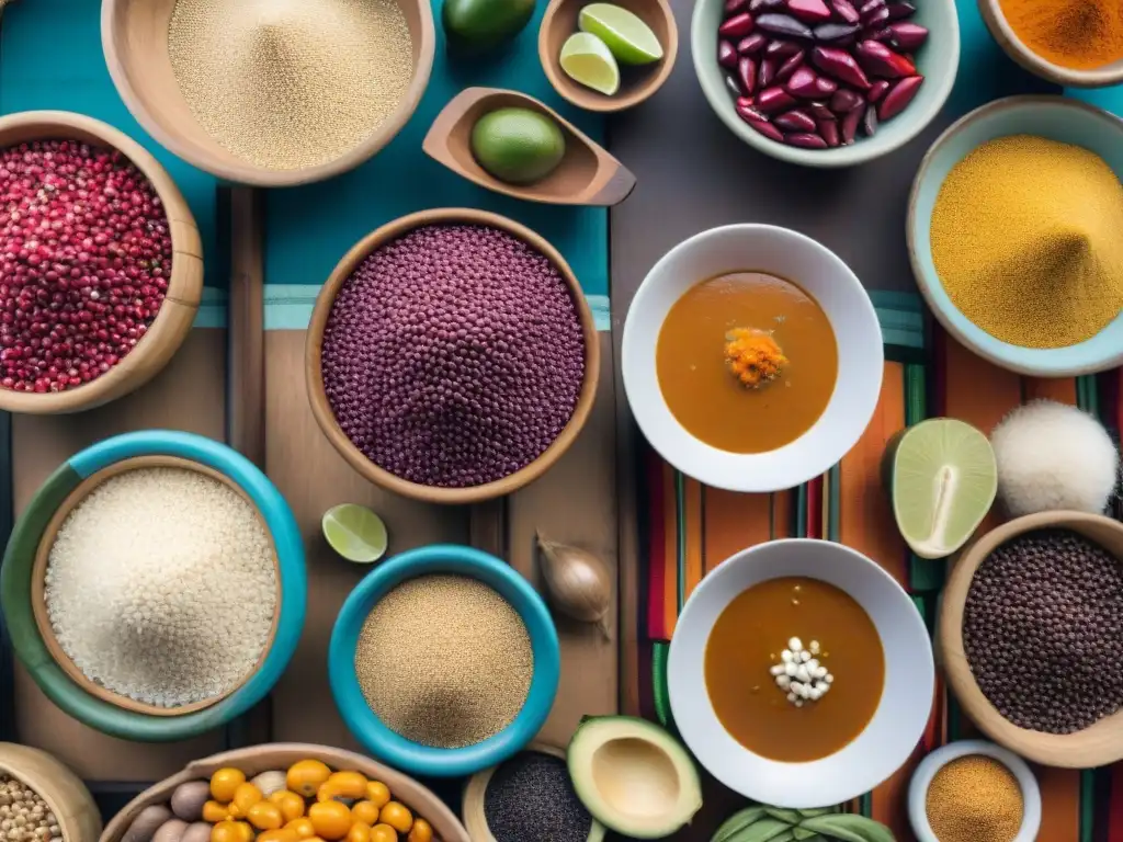 Mercado peruano vibrante: ingredientes auténticos y colores vivos Escena vibrante de mercado peruano con ingredientes autóctonos coloridos