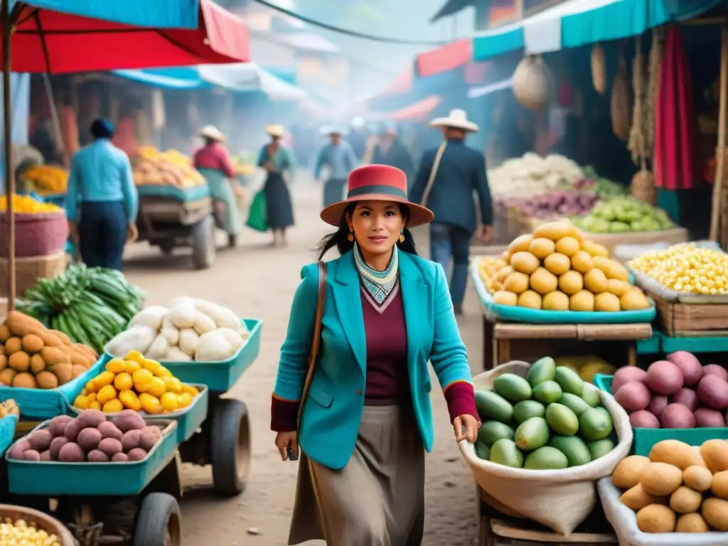 Escena vibrante de un mercado peruano con frutas y comidas locales, vendedores y clientes en actividad