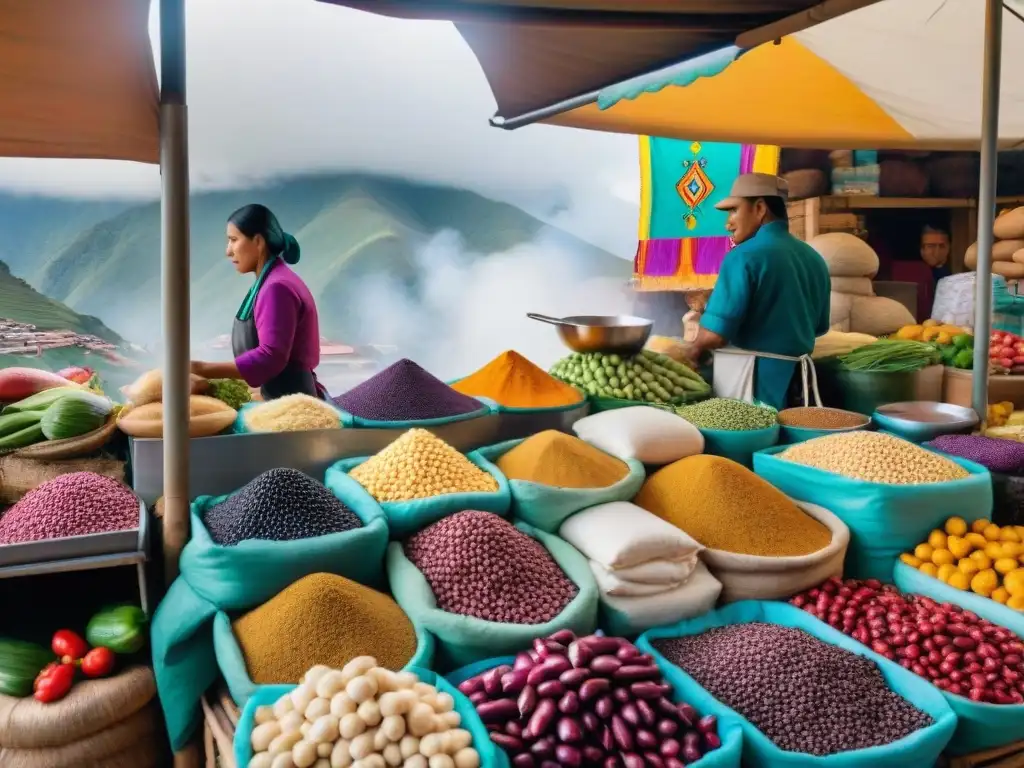 Escena vibrante de un mercado peruano con ingredientes autóctonos y ambiente tradicional