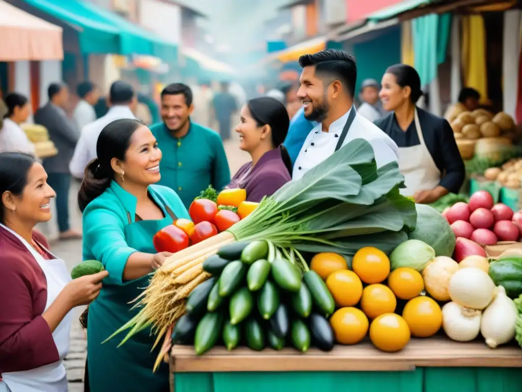 Escena vibrante de mercado peruano con diversidad e inclusión en la gastronomía peruana