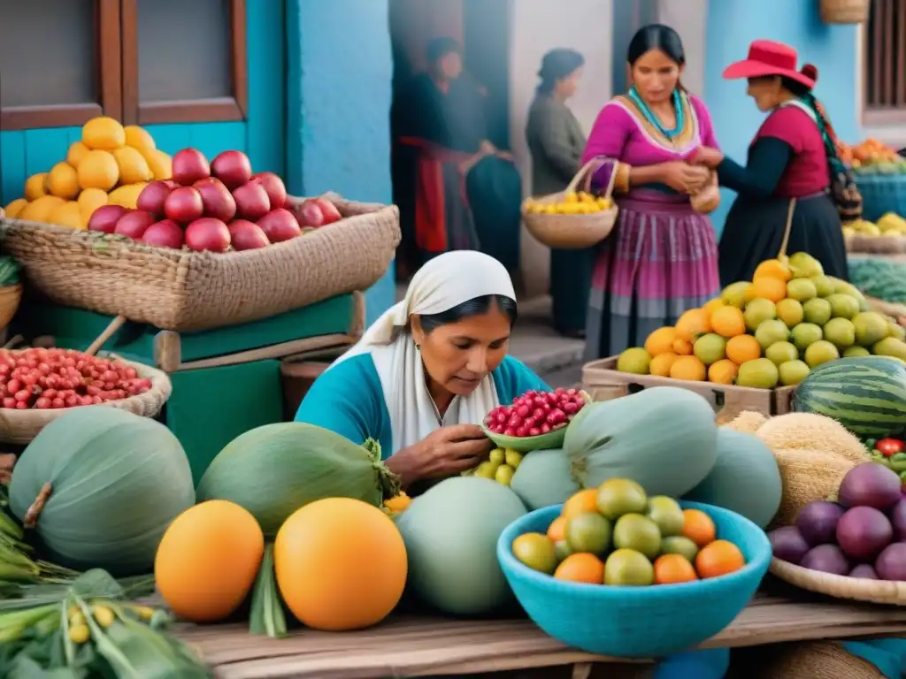 Escena vibrante en mercado peruano con mujeres indígenas y clientes, mostrando gastronomía peruana platos tradicionales fusiones