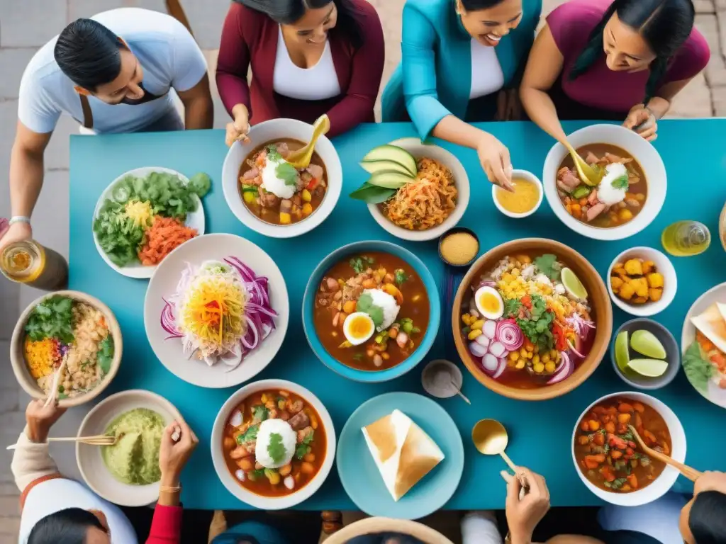 Una escena vibrante en un mercado peruano donde personas diversas comparten comida y alegría, demostrando la inclusión en la gastronomía peruana