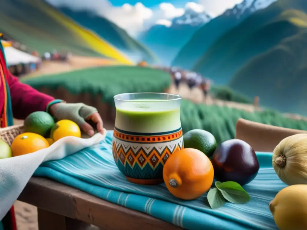 Escena vibrante de mercado peruano tradicional en los Andes con Agua de cebada peruana y colores vivos