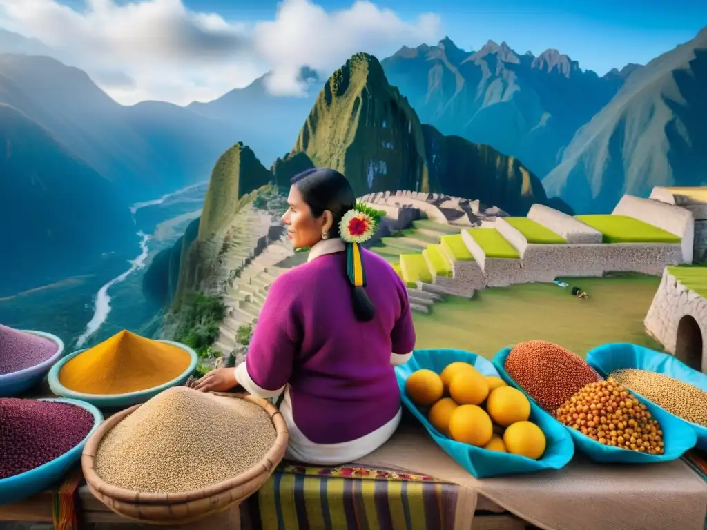 Una escena vibrante de un mercado en Perú con superfoods peruanos en dieta diaria, tradición y coloridos productos, bajo el cielo azul de los Andes