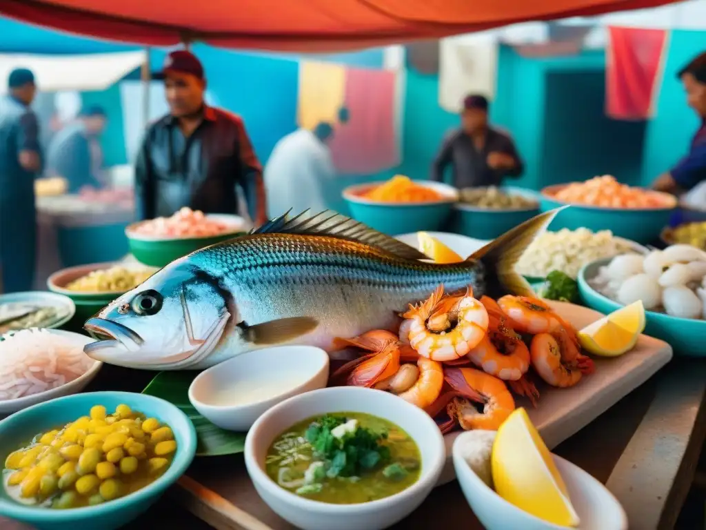 Escena vibrante de mercado de pescado en Perú, mostrando mariscos frescos